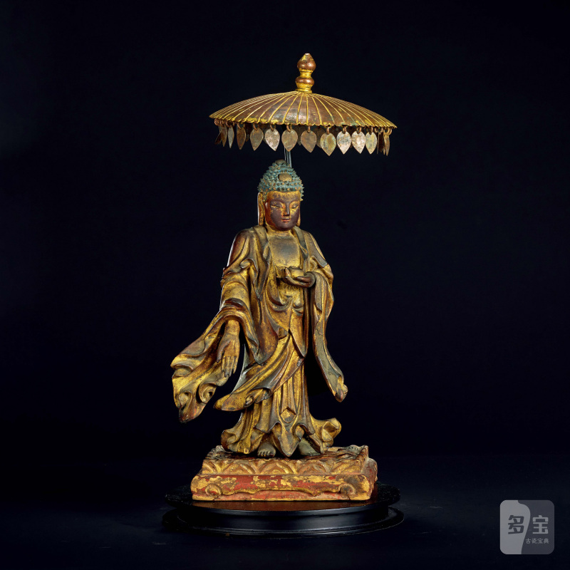 明 木雕接引佛（带铜伞）